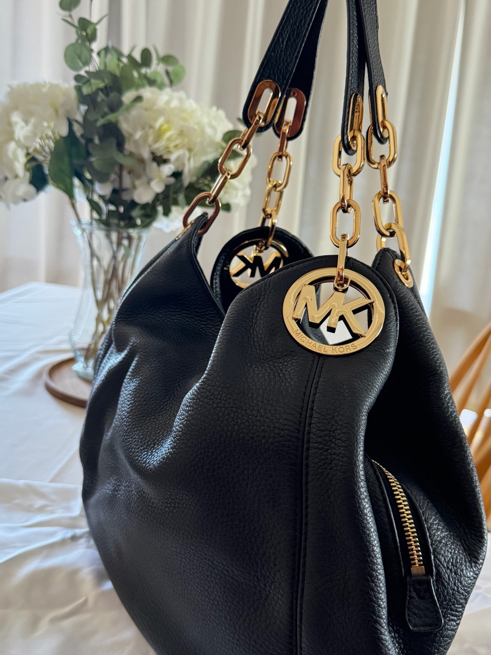 Michael Kors Black Pebbled Leather Hobo with Gold Chain Hardware - Picture 3 of 3